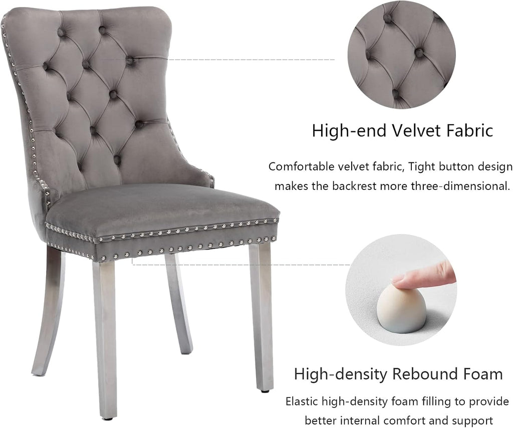 Grey Velvet Dining Chairs Set of 4, Tufted Back, Silver Metal Legs | Ring pull; wing back; nailhead trim; spring and