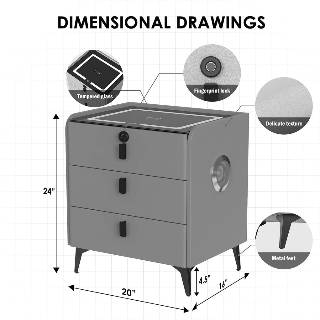 Smart Nightstand with Fingerprint Lock Drawer, Nightstand with Wireless Charging, Night Stand with Charging Station,2