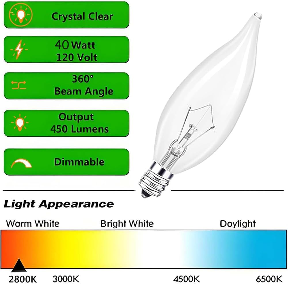 E12 Candle Light Bulbs,40W Candelabra, E12 B10 Clear Candle Base Bulb with Warm White 2700K, 600 Lumen Dimmable