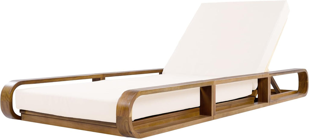 Pyke Patio Chaise Lounge Chair Outdoor with 4-Thick Cushion, Acacia Wood Poolside Sun Lounger with Curved Frame