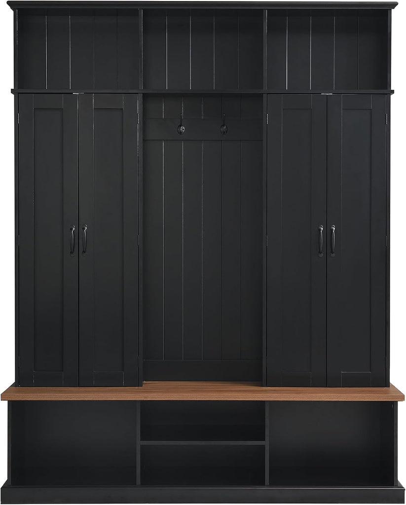 62.2''W Entryway Hall Tree with Bench, 3 Top Cubbies & Bottom Storage Space, Farmhouse Coat Rack with Hooks &
