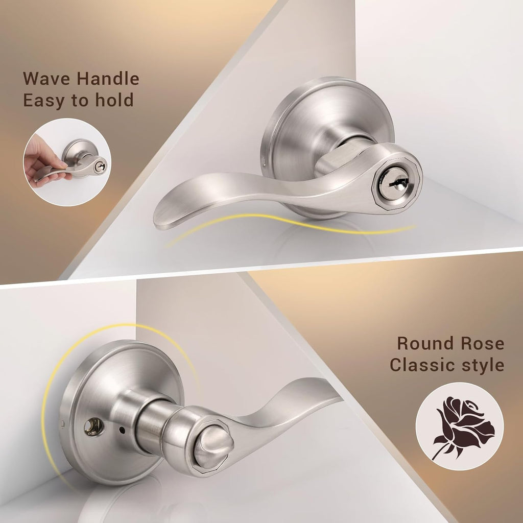 4 Pack Satin Nickel Entrance Door Handle, Wave Style Reversible Keyed Entry Door Lever Use, Keyed Alike