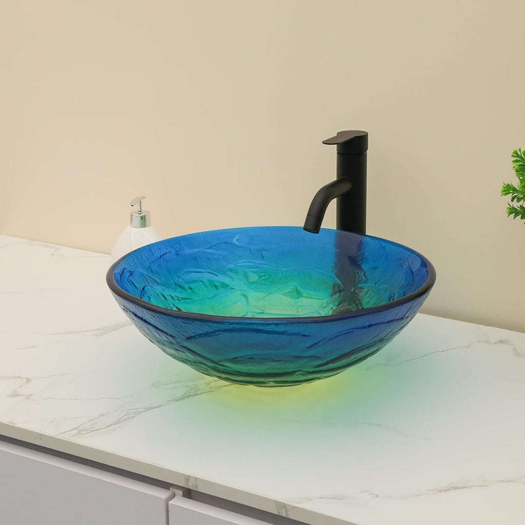Kichae Round Glass Vessel Sink - 16" x 16" Tempered Glass Bathroom Vessel Sink for Bathroom Vanity