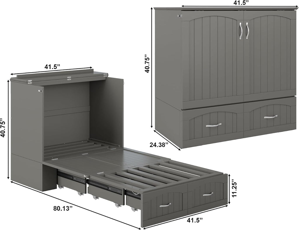 Murphy Bed Chest Twin XL with 6" Mattress, Storage Drawer & Built-in USB Charger, Grey