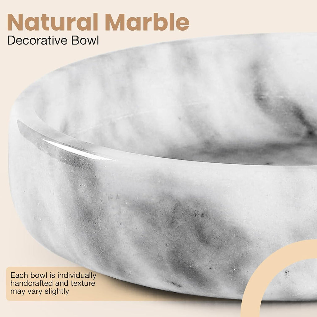 Marble Decorative Bowl - 7.5" White/Grey Solid Marble Centerpiece - Stone Fruit Bowl - Catch-All or Key Bowl - Modern
