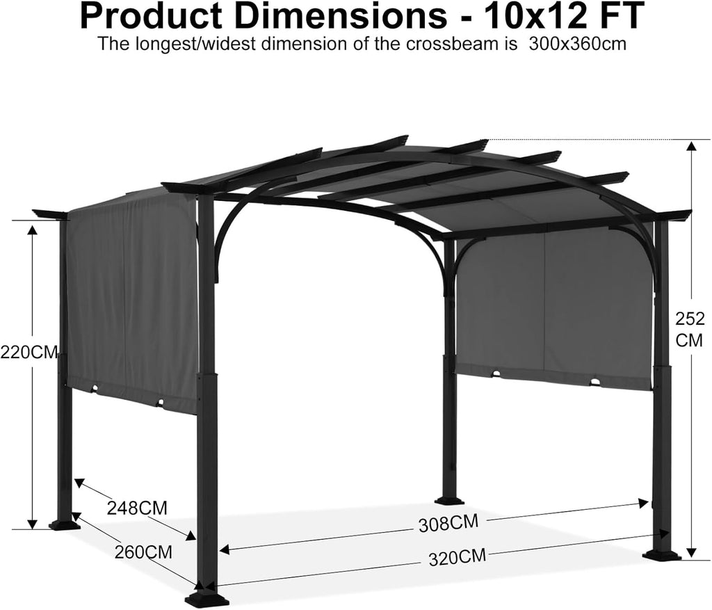 Outdoor Pergola 10'x12', Arched Patio Gazebo with Retractable Sun Shade, Dary Gray
