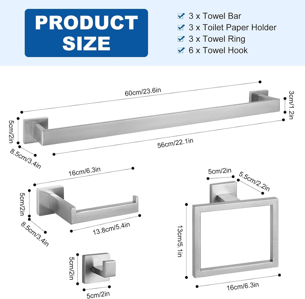 15-Pieces Brushed Nickel Bathroom Hardware Set, 24 inch Towel Bar Set | Towel Bar, Square Towel Ring Toilet Paper