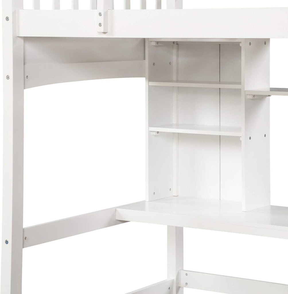 Twin Loft Bed with Desk, Solid Wood Twin Loft Bed Frame with Shelves, White