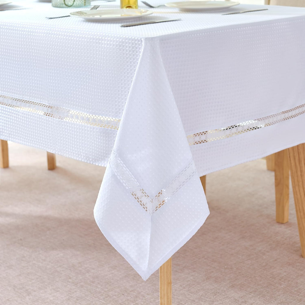Heavy Duty Waffle Weave Jacquard Fabric Tablecloth with White Lace,Waterproof and Stain-Resistant Ta