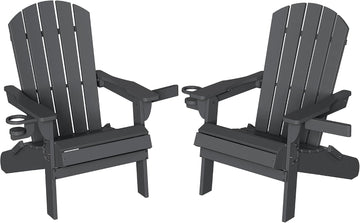 Folding Adirondack Chairs Set of 2,HDPE All-Weather Patio Chairs with Cup Holder & Phone Holder,Wooden Textured Fire