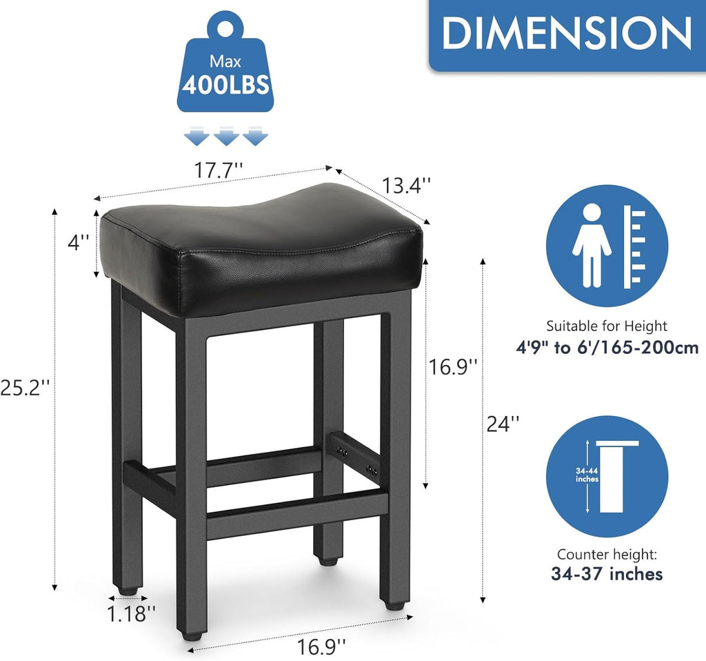 Counter Height Bar Stools Set of 2, 24 Inch Barstools Island Counter, Bonded Leather Kitchen Stools with Thick Saddle