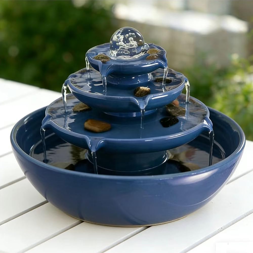 Ceramic Tabletop Fountain with Ball Table Desk Office Patio (Blue 2 A199)