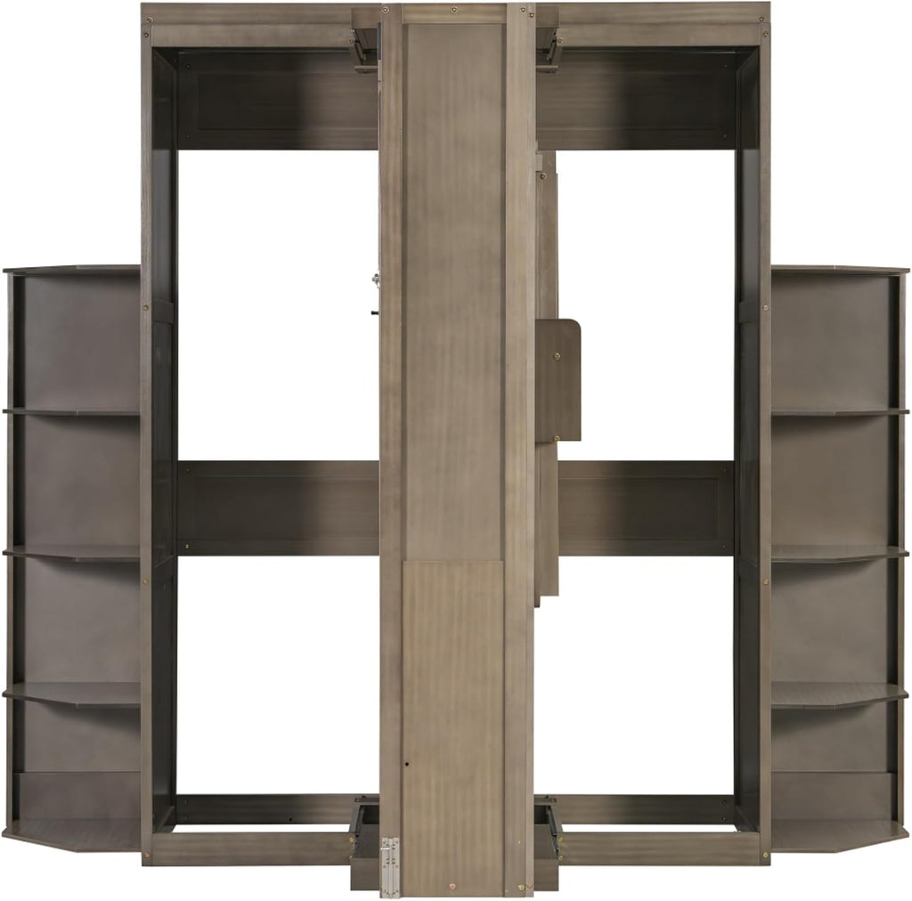 360° Swivel Queen Horizontal Murphy Bed with Desk Combo and Storage Bookshelf, Foldable Murphy Chest Hidden Wall Bed