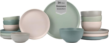 16-Piece Stoneware Dinnerware Set for 4, Satin Glazed Plates and Bowls Sets with Matte Finish, Ceramic Dish Set