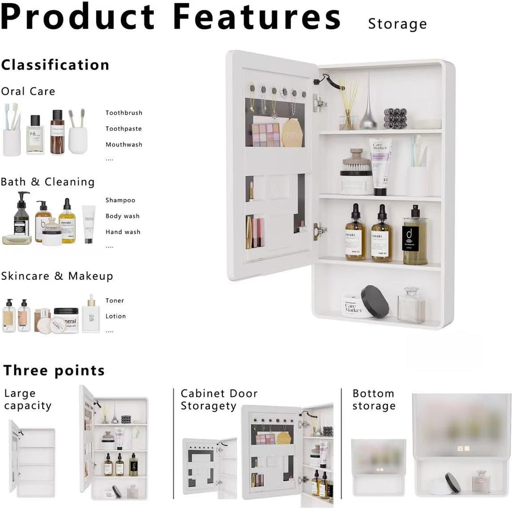 19.69" x 35.43" LED Bathroom Medicine Cabinet, Wall Mounted Mirror Cabinet with Warm LED Light, Anti-Fog Mirror