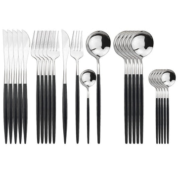 Silver Silverware Set, 24-Piece Stainless Steel Flatware Set Service For 6, Mirror Polished Black Handle Tableware