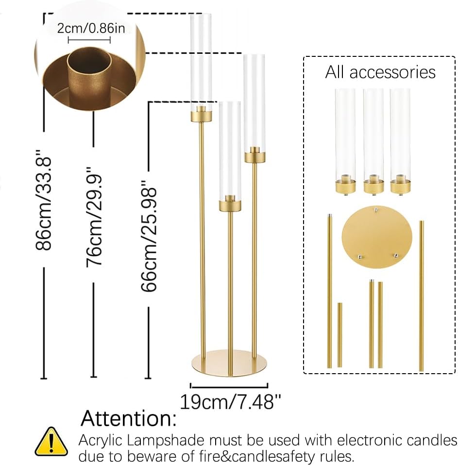 4pcs Gold Candelabra 3 Arm Taper Candle Holders with Acrylic Lampshade, 33.8'' Tall Candelabra Centerpiece for Table