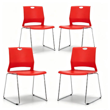 Red Stacking Chairs Set of 4, Hard Plastic Stackable Chair Armless