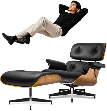 Modern Reading Chair and Ottoman — Walnut Leather