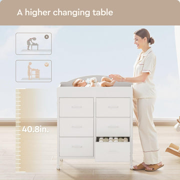 Changing Table Dresser, 6 Fabric Drawers, Mobile Storage, White | Changing Table,Waterproof Diaper pad & Safety