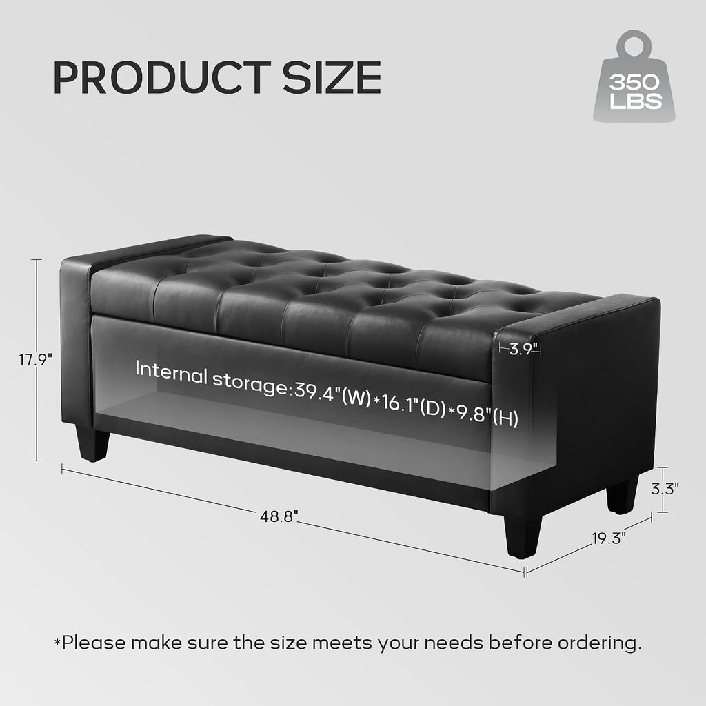 Ottoman with Storage, PU Leather Storage Ottoman Bench | Storage Bench with Safety Hinge,Bedroom Benches with Seating