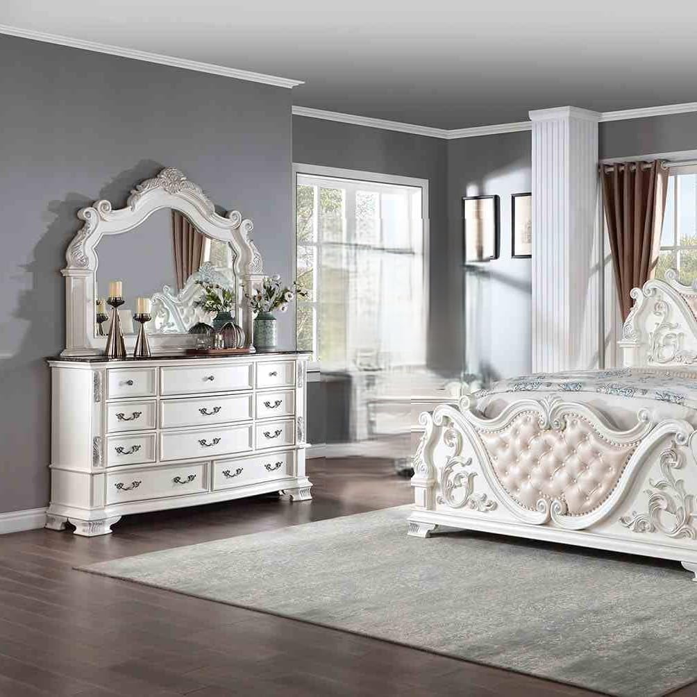 Luxury White 1pc Dresser Dovetail Drawers Genuine Marble Top Bronze Round Knob and Hanging Pulls Bedroom Traditional