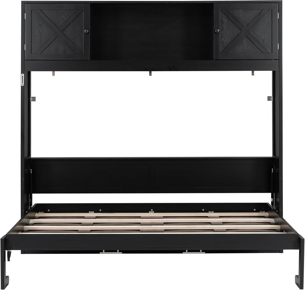 Queen Murphy Bed with Storage Cabinets, Wood Murphy Bedframe with Bookcase Shelves, Folding Wall Bed Cabinet for Adults (Black)