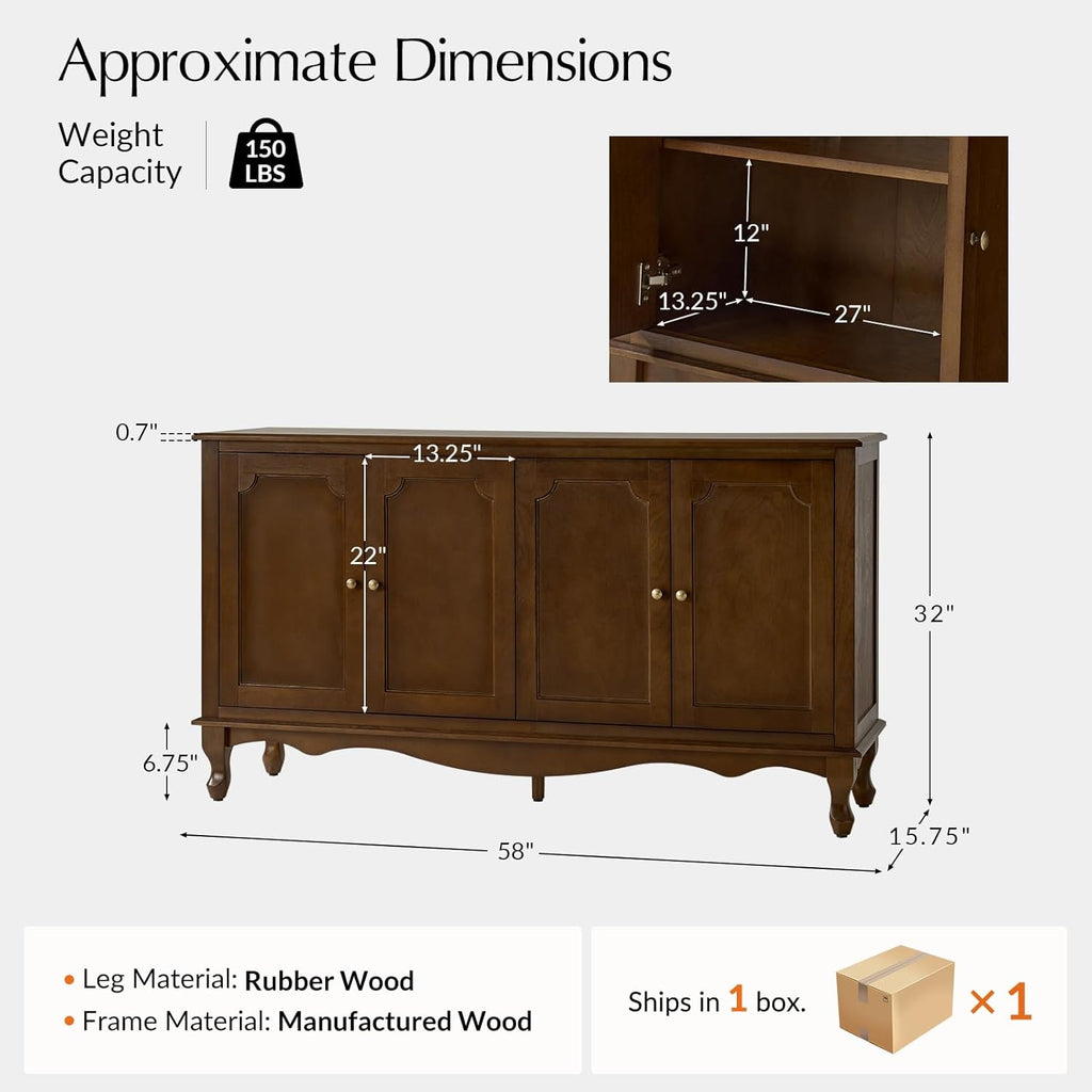 Sideboard Buffet Cabinet with Storage, 58" Kitchen Farmhouse Wood Credenza Storage Cabinet with 4 Doors & 2 Shelves