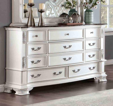 Luxury White 1pc Dresser Dovetail Drawers Genuine Marble Top Bronze Round Knob and Hanging Pulls Bedroom Traditional
