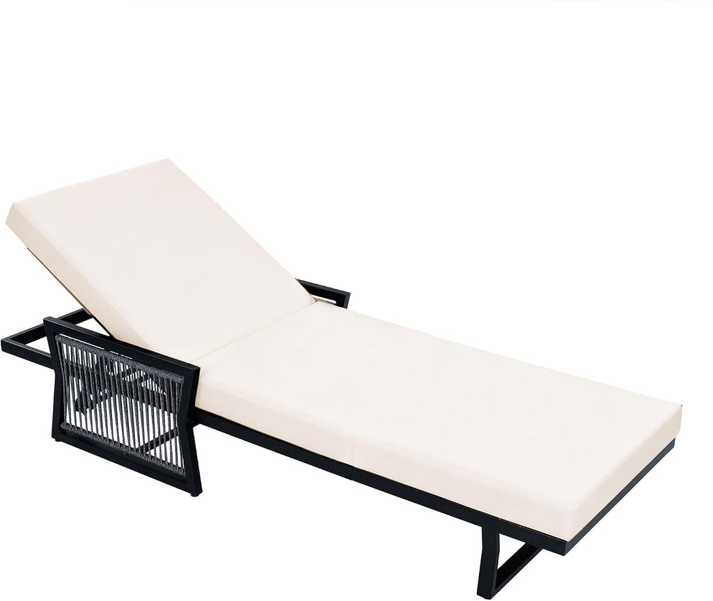 Patio Chaise Lounge with Cushion, Adjustable Outdoor Lounge Chair Featuring Woven Rope Armrests, Iron Frame, Built-in