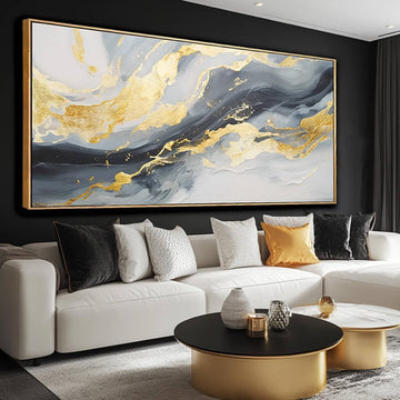 Large Abstract Canvas Wall Art Gold Decoration Blue Painting Bedroom Kitchen Home Office 29x58 Inch