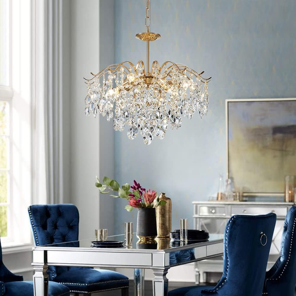 6-Light Gold Crystal Chandeliers, Middle Century Dining Room Light Fixture, Modern Pendant Light for Living Room, D20 x H17, Adjustable Chains 59", Chopper Finish Metal Frame