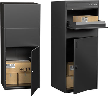 Package Delivery Box, Pre-Assembled No-Install Parcel Drop Box, Weatherproof Anti-Theft Steel Design (Forged Iron Black)