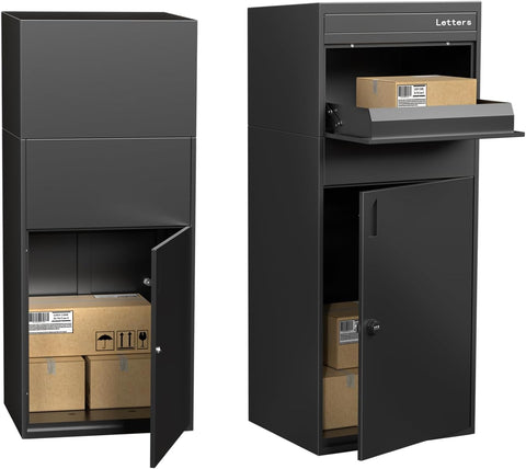 Package Delivery Box, Pre-Assembled No-Install Parcel Drop Box, Weatherproof Anti-Theft Steel Design (Forged Iron Black)