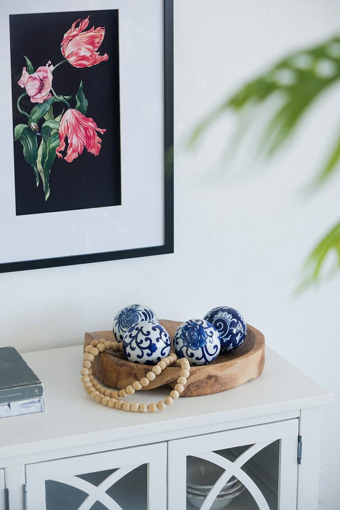 Set of 4 Porcelain Decorative Spheres - Handcrafted Blue and White Floral Orbs Decor, Tabletop Accent, Shelf Display