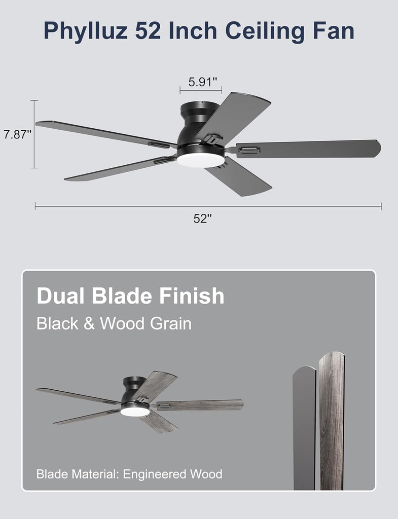 52'' Flush Mount Ceiling Fan with Lights, Space-Saving Low Profile for Low Ceilings, App/Remote Control