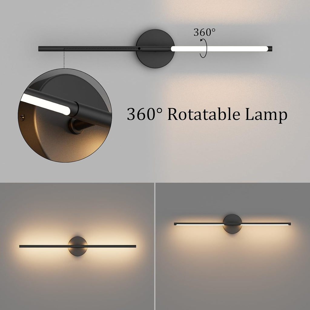 Black Wall Sconce 28In Hardwired Vanity Light Fixture 3000K Indoor Bathroom Sconce Over Mirror 360° Rotate