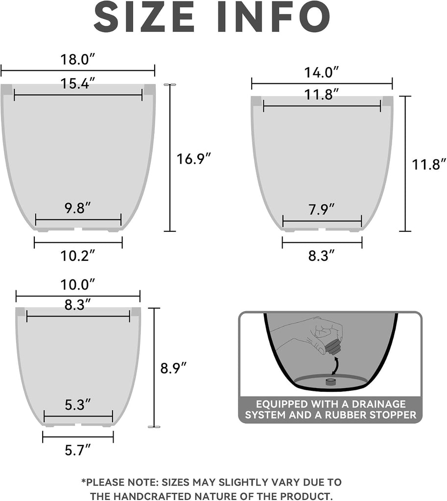 Set of 3 Weathered Concrete Bowl Planters 18" 14" 18" Dia | Drainage for Outdoor, Rubber Plug for Indoor Home