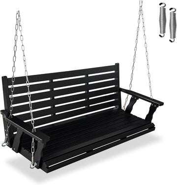 Wooden Porch Swing, Ergonomic Seat, Bench Swing with Hanging Chains and 7mm Springs, Heavy Duty 880 LBS, for Outdoor