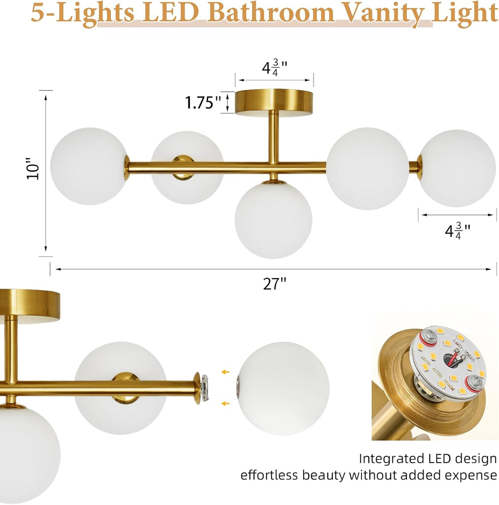Modern Bathroom Vanity Light Fixtures,LED Brushed Gold Wall Sconce Lighting | 5 Lights Milk Glass Globe Vanity