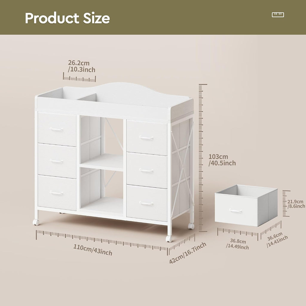 Changing Table, 6-Drawer Dresser, Adjustable Shelves, Mobile, White | Changing Table,Waterproof Diaper pad & Safety