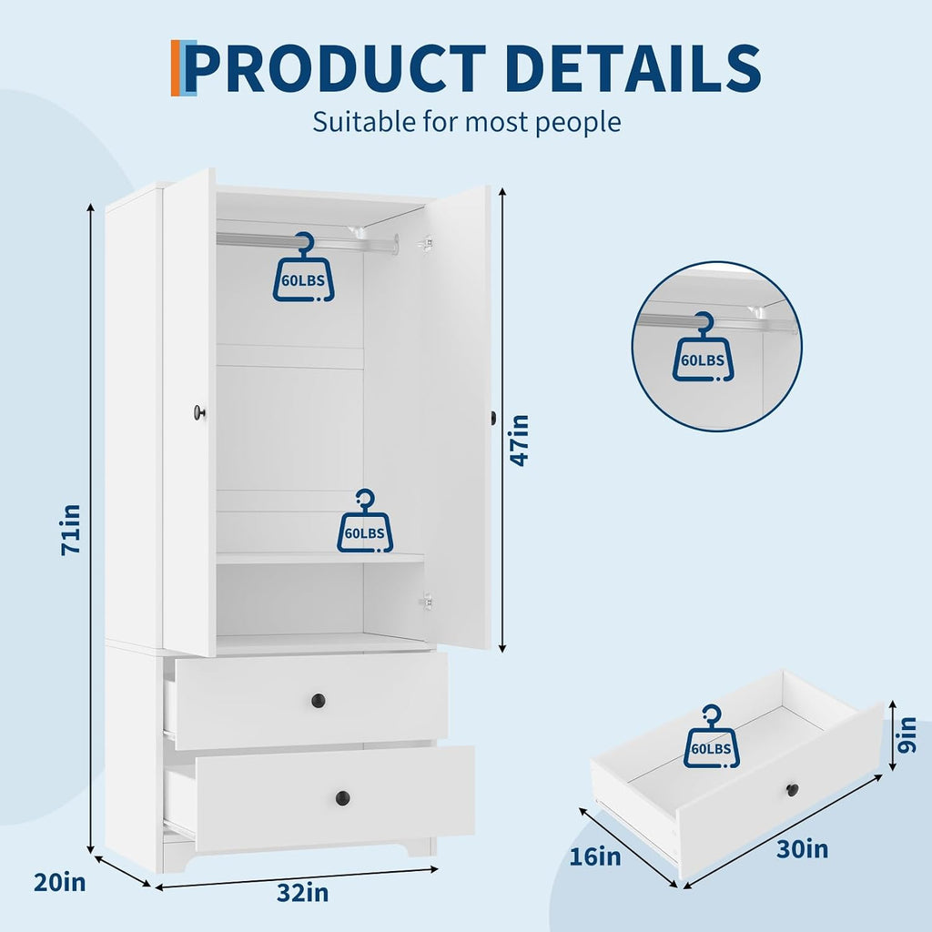 71" Armoire Wardrobe Closet, Modern Wooden Bedroom Armoire with 2 Drawers & 2 Doors and Adjustable Shelves,Clothing