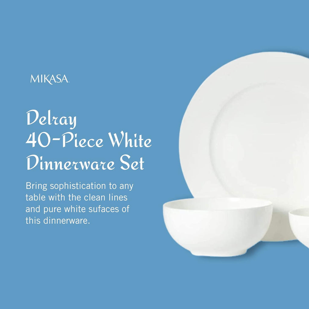 Delray 40-Piece Bone China Dinnerware Set, White Round Dishes for 8