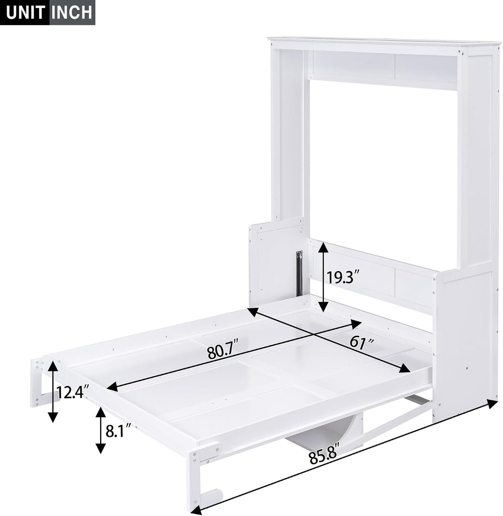 Queen Murphy Bed with Desk, Wood Hideaway Wall Bed Cabinet with Storage Shelves, Space-Saving Vertical Murphy Bed