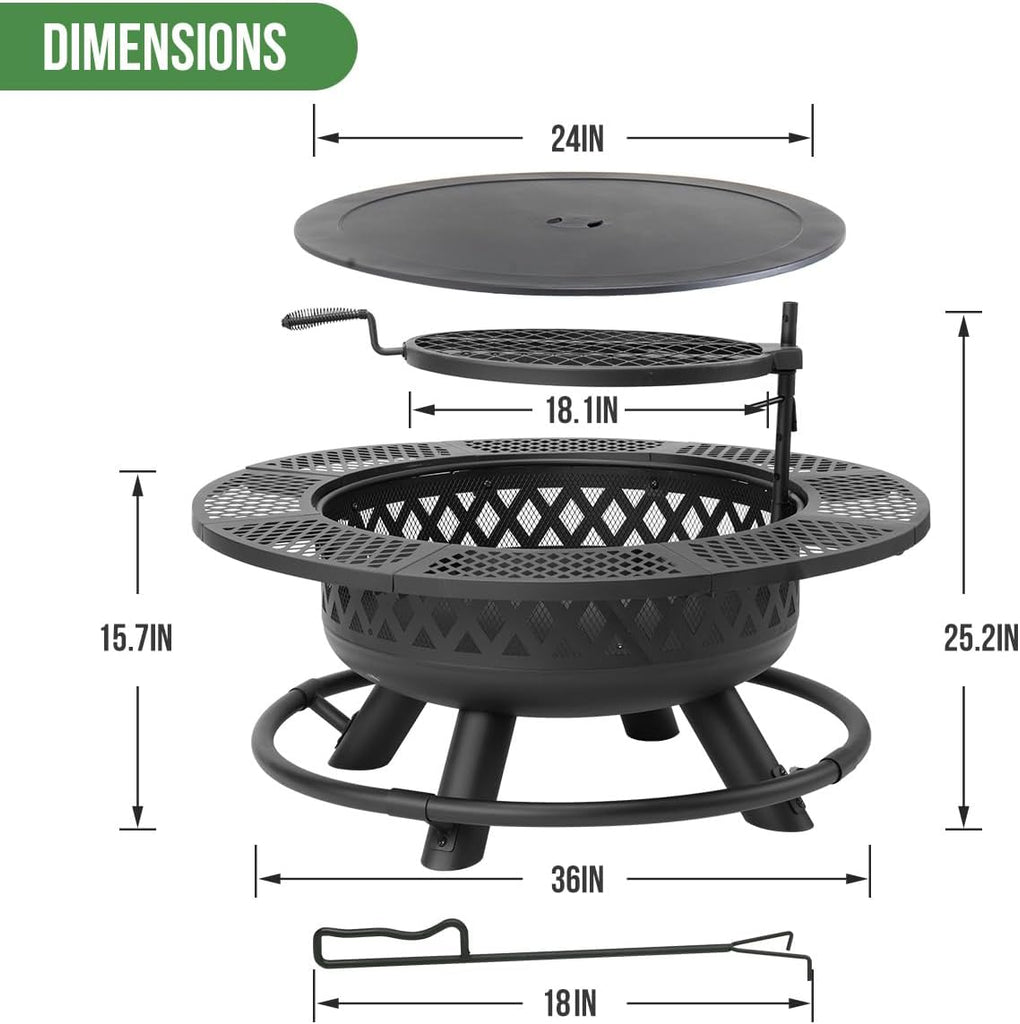 36-Inch Fire Pit for Outside with Grill Grate Cooking
