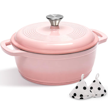 Cast Iron Dutch Oven Pot With Lid - 5QT Enameled Dutch Oven for Bread Baking With Cotton Potholders - Heavy- Duty