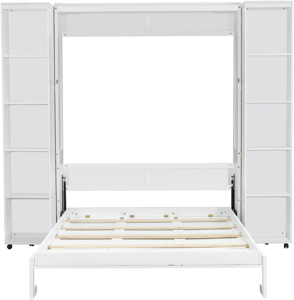 Queen Murphy Bed Cabinet with Storage Bookshelf Bookcase, Wood Hidden Foldable White Murphy Wall Bed with Storage