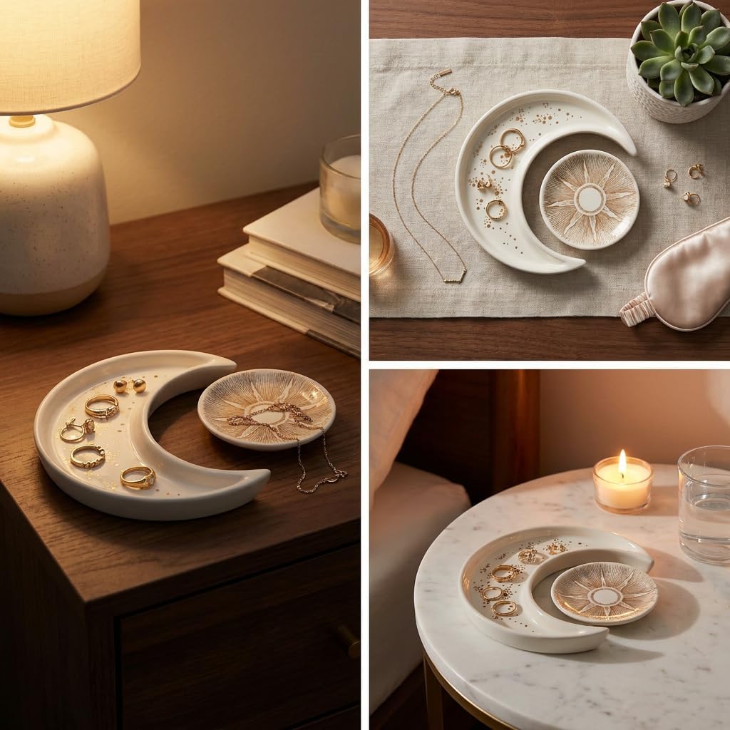 Ceramic Jewelry Dish Tray 2-Pack,Earrings Ring Holder,Small Trinket Plate - Set of 2