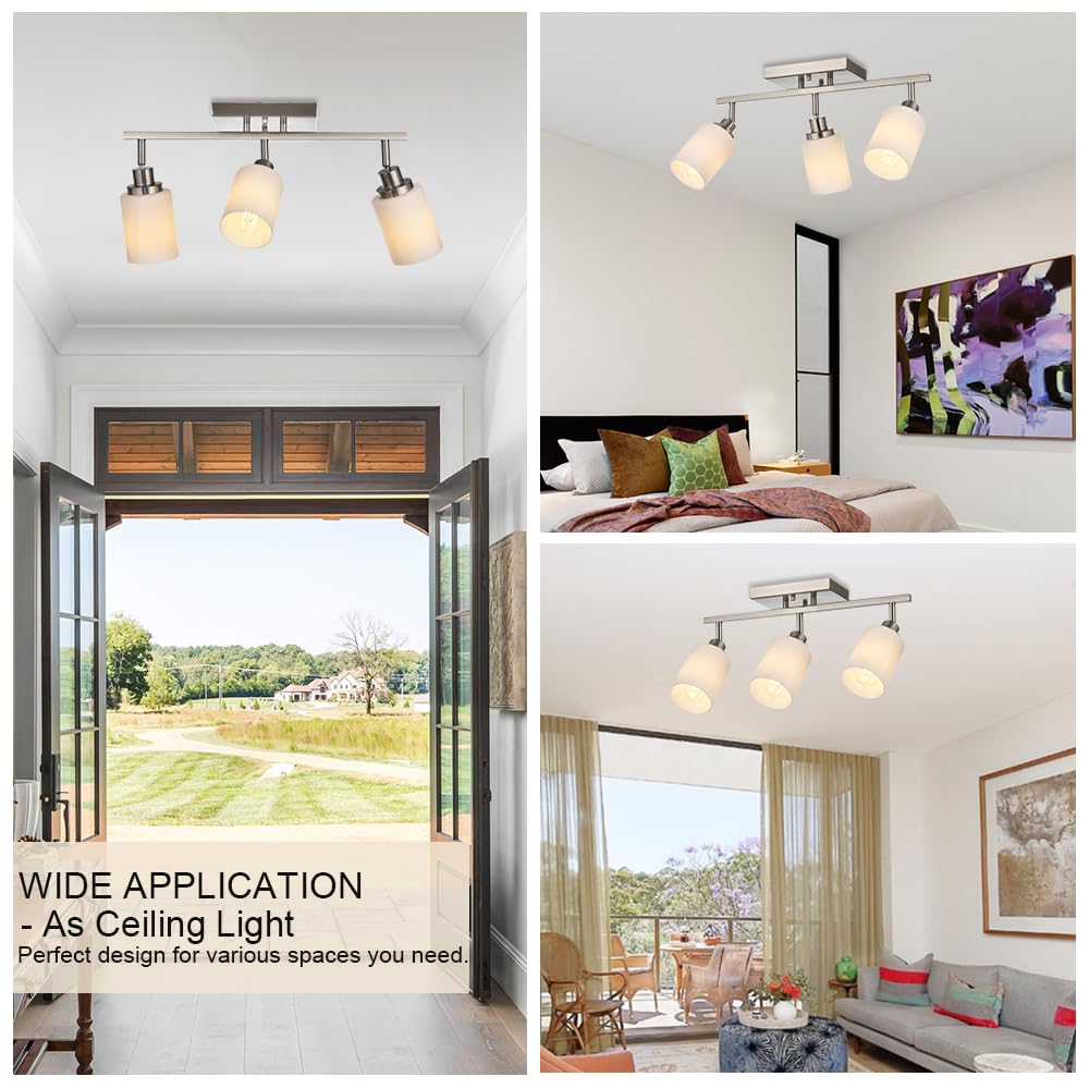 Track Lighting Fixtures Ceiling, 3-Lights Brushed Nickel Wall Ceiling Spot Lighting with Opal White Glass, E26 Bulb