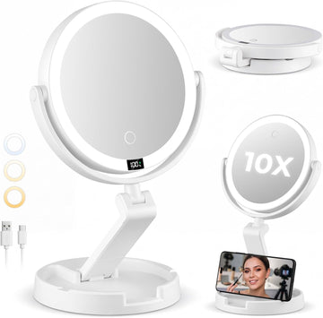 Lighted Travel Makeup Mirror, 1X & 10X Magnification, 3 Light Modes, Double Sided Magnification